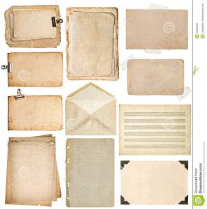 used-paper-sheets-vintage-book-pages-cardboards-music-notes-photo-frame-corner-envelope-isolated-white-background-49801308